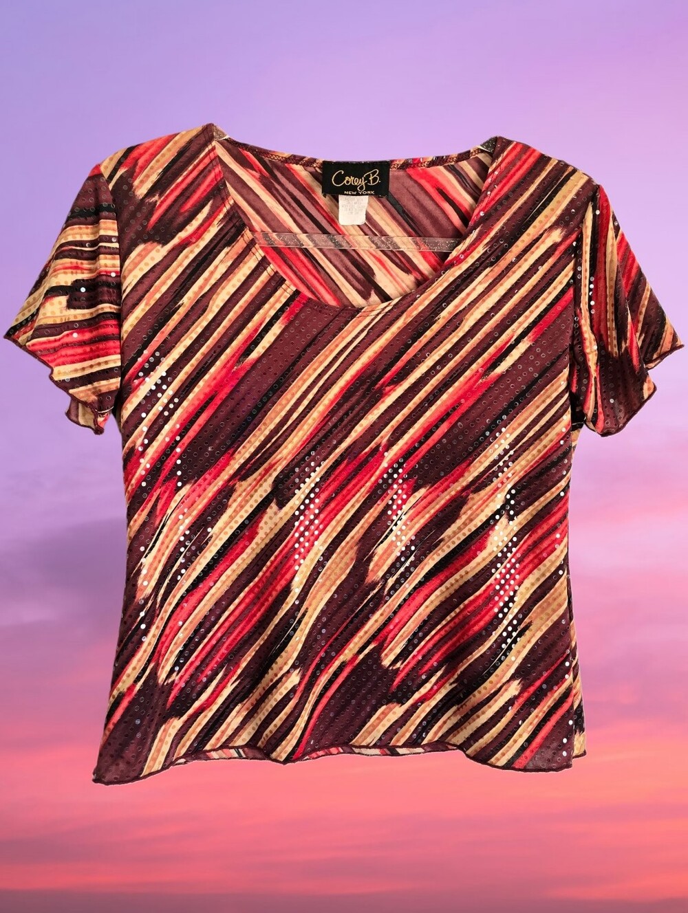 ✨️Y2K Sparkly Maroon Red Striped Flat Sequin / Spangle Lettuce Ruffle Hem Top✨️